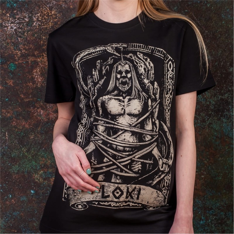 Loki, bóg oszustw osądzony i skazany. Przykuty do skały w towarzystwie żmii.